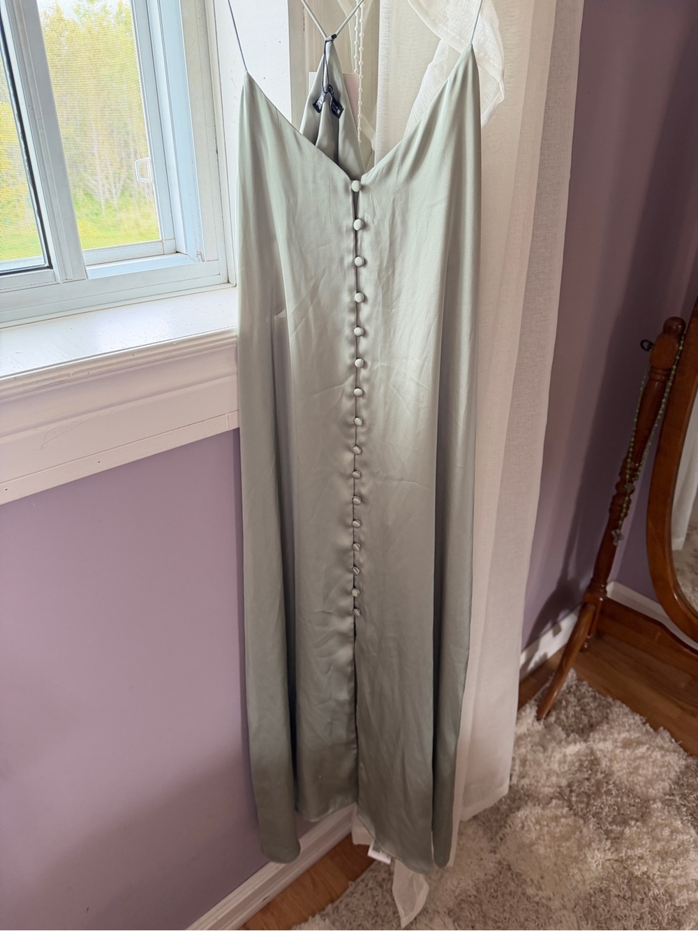 Zara Sage Green Satin Maxi Slip Dress with Front Buttons